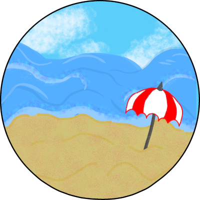 A bright sandy beach with a big blue ocean and blue sky, in the sand is a red and white umbrella, the whole scene is inside a circle.